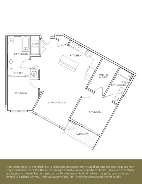 A floor plan of an apartment with a living room, kitchen, two bathrooms, a bedroom, and a balcony.